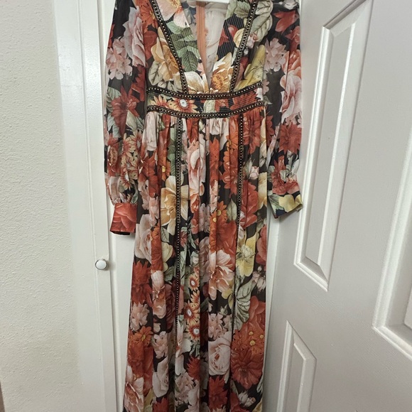 L’Artiste Floral Dress Maxi Autumn Dress Studs Size Small Red Pink Brown Flowers - Picture 3 of 13